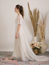 Load image into Gallery viewer, Bohemian wedding dress handmade from delicate lace and golden lining
