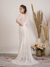 Load image into Gallery viewer, Bohemian wedding dress handmade from delicate lace and golden lining
