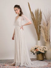 Load image into Gallery viewer, Bohemian wedding dress handmade from delicate lace and golden lining
